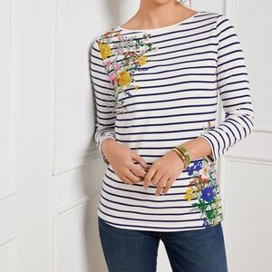 Talbots White & Black Striped Fitted Floral Embellished Long Sleeve Tee NWT